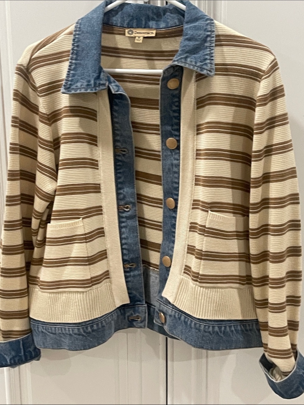 NWT Democracy ivory cream Striped Knit Jacket with Blue Denim Trim - Picture 14 of 14